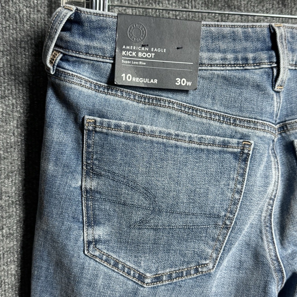 American Eagle Kick Boot Jeans 10 Super Low Rise Distressed Stretch Y2K Blue 30W - Picture 12 of 14